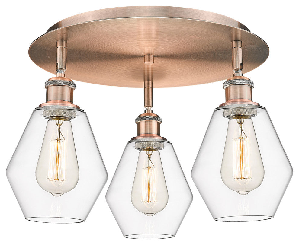 Cindyrella-3 Light 18" Flush Mount-Antique Copper, Clear Glass Shade