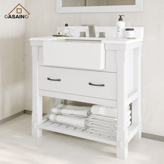 Freestanding Bath Vanity in White with White Quartz Top, 36in