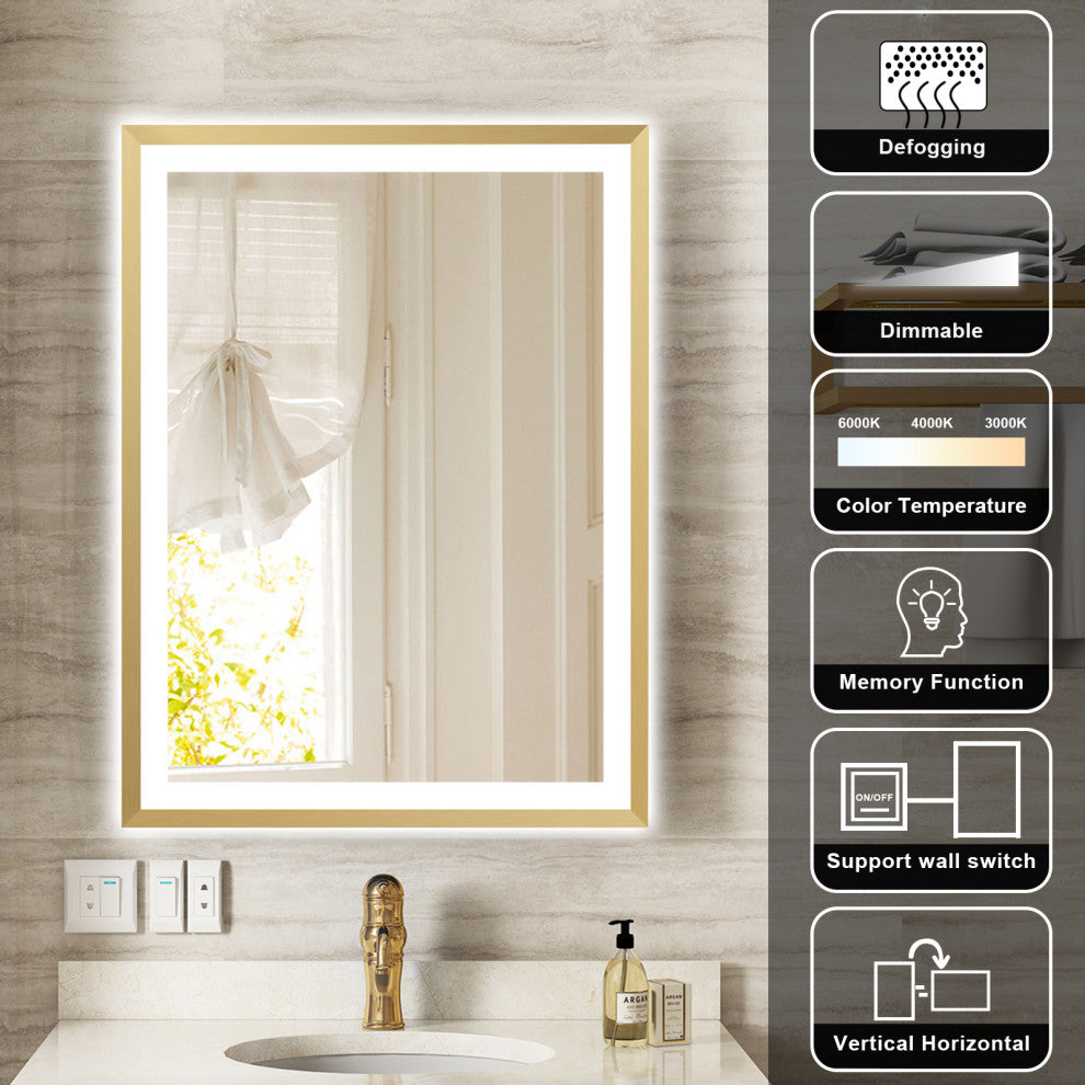 Beveled Bathroom LED Mirror Framed, Backlit and Front Light, Gold, 24"x32"