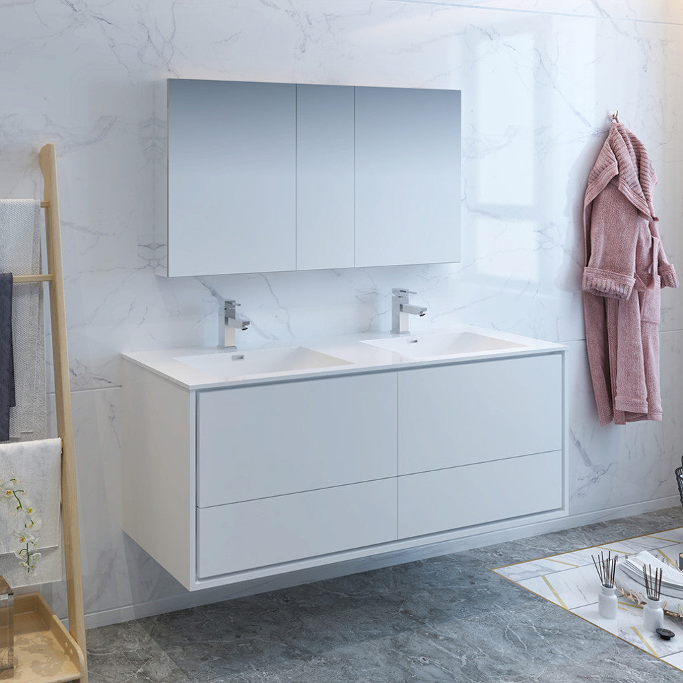 Fresca Catania 60" Gloss White Wall Hung Double Sink Vanity, Medicine Cabinet