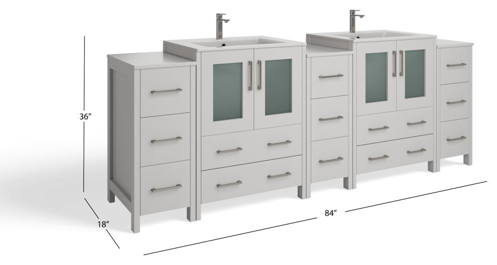 The Pullman Bathroom Vanity, White, 84", Double Sink, Freestanding
