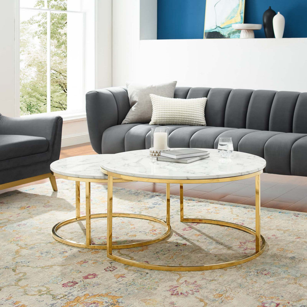 Coffee Table Nesting, Round, Artificial Marble, Metal, Gold White, Modern