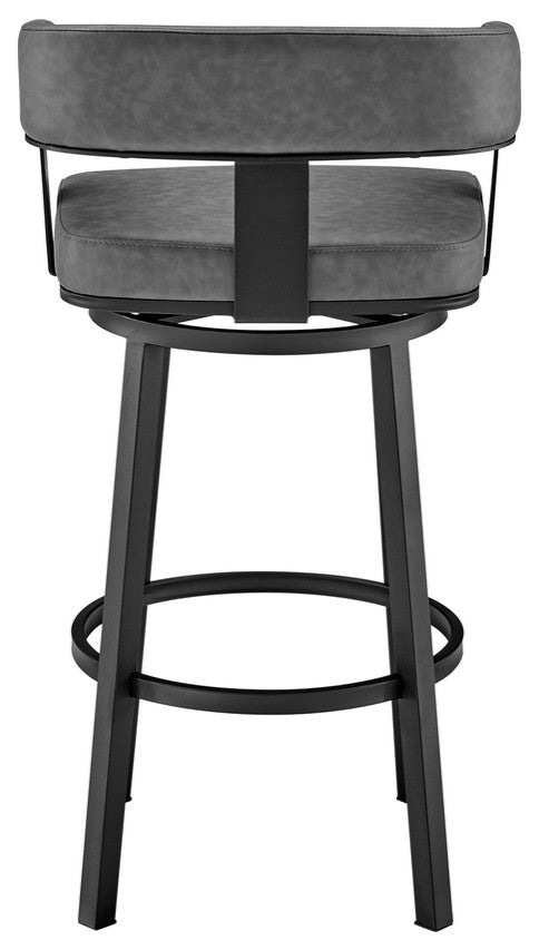 34" Gray Faux Leather And Iron Swivel Low Back Counter Height Bar Chair