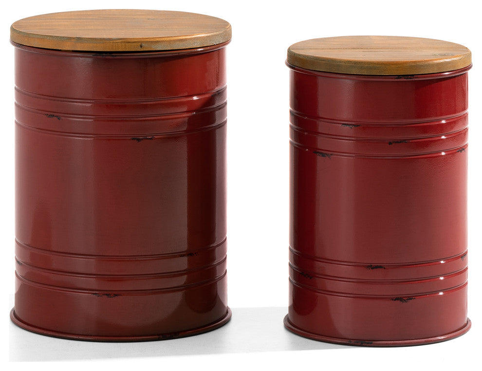 Farmhouse Metal With Solid Wood Seat Storage Stool, Set of 2, Red