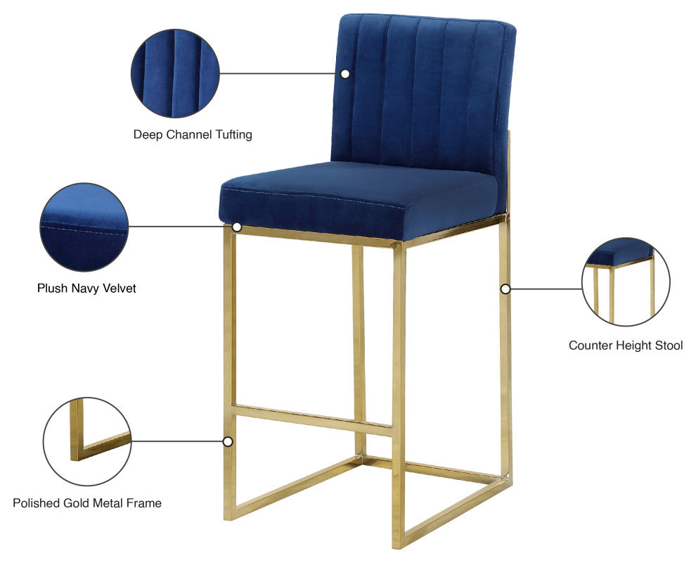 Giselle Velvet Counter Stool, Navy, Gold Base
