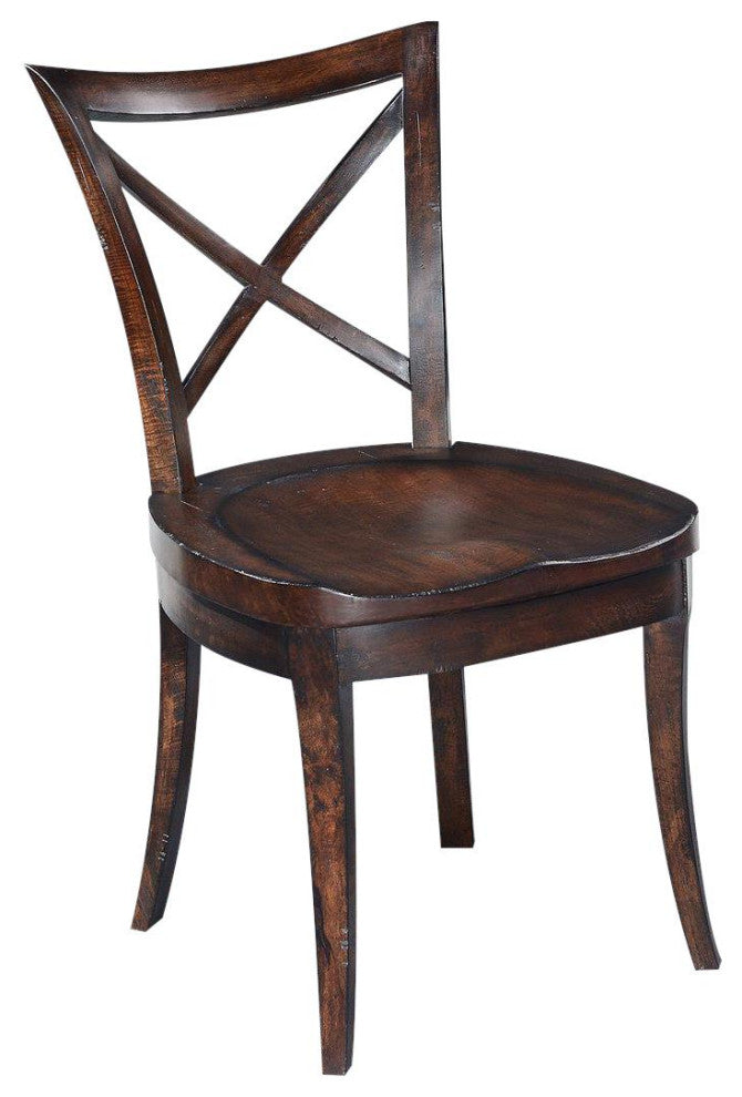 Cafe Side Chair Dining Carved Wood Saddle Seat, Curved X-Back, Dark
