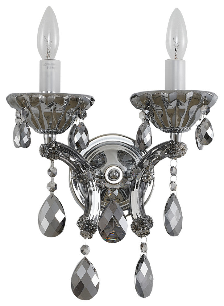 13.8" Chrome Metal Wall Sconce With Clear Crystals, Smoke Crystal