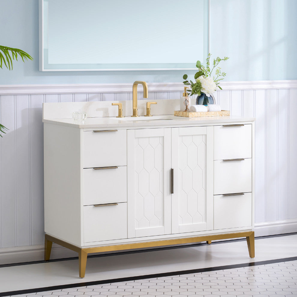 Alison Freestanding Bathroom Vanity with Italian Carrara White Marble Top, White, 48"