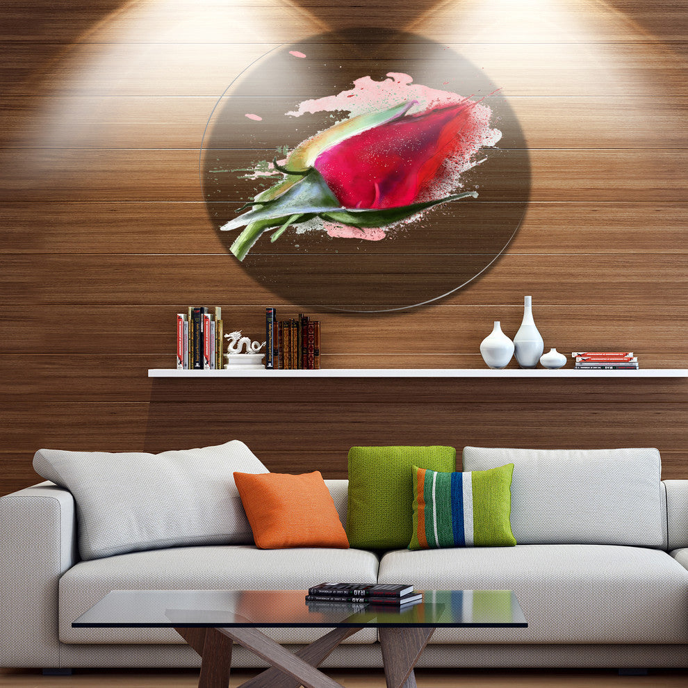Red Rose Bud Watercolor Sketch, Flowers Disc Metal Artwork, 11"
