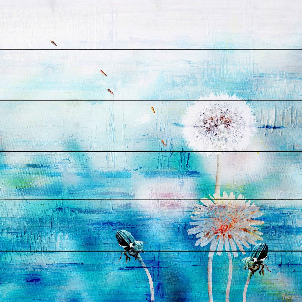 "Dandy Puffs on Bue" Painting Print on White Wood, 32"x32"