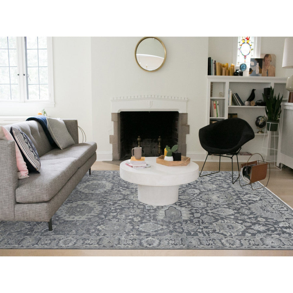 Medium Gray, Hand Knotted, Oushak Influence, Silk With Wool, Rug, 9'x11'10"