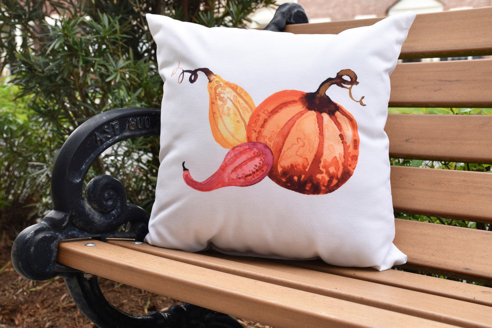 Gourd Pile Cream Fall Print Outdoor Decorative Throw Pillow, 18"