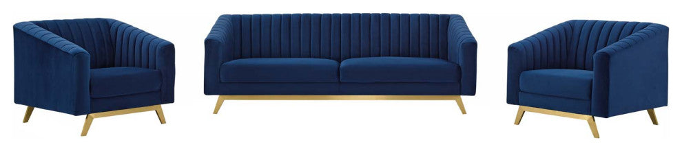 Tufted Armchair and Sofa Set, Velvet, Blue Navy, Modern, Lounge Hospitality