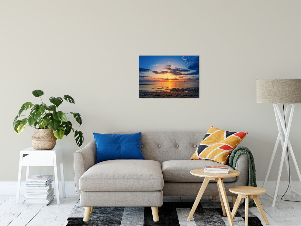 Sunset at Breakwater Lighthouse Coastal Landscape Photo Canvas Print, 18" X 24"