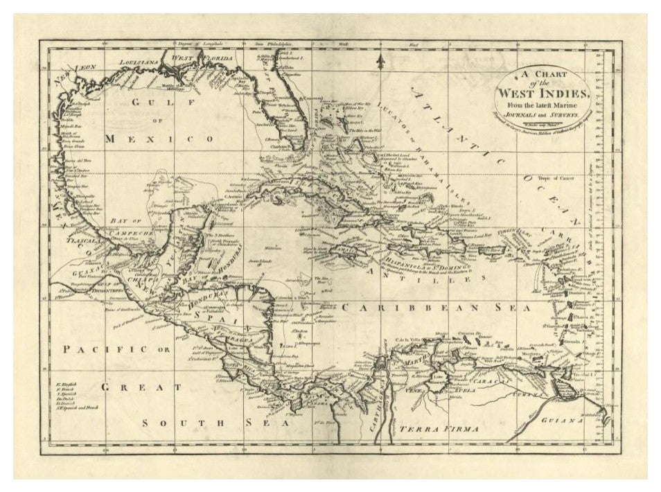 "Chart of the West Indies, 1795" Digital Paper Print by Mathew Carey, 24"x18"
