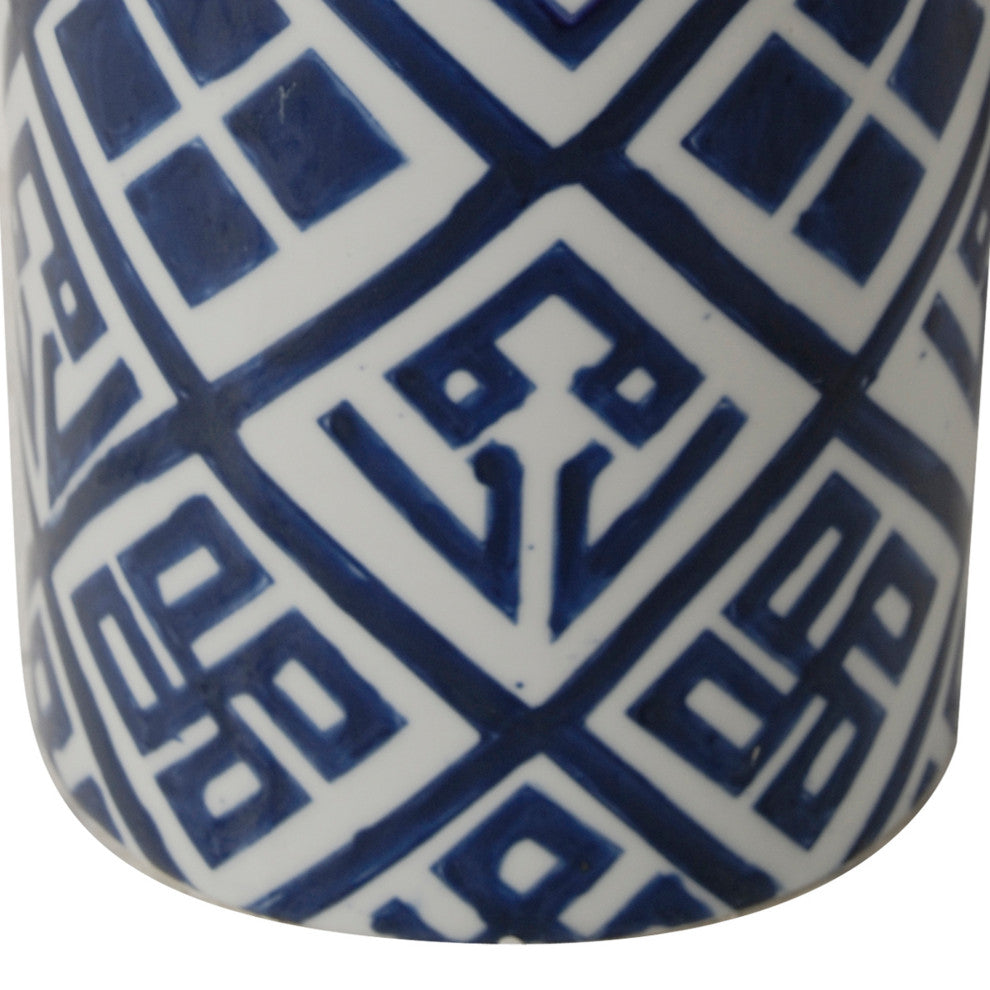 Benzara BM285526 14" Lidded Jar, Geometric Pattern, Cylindrical Blue