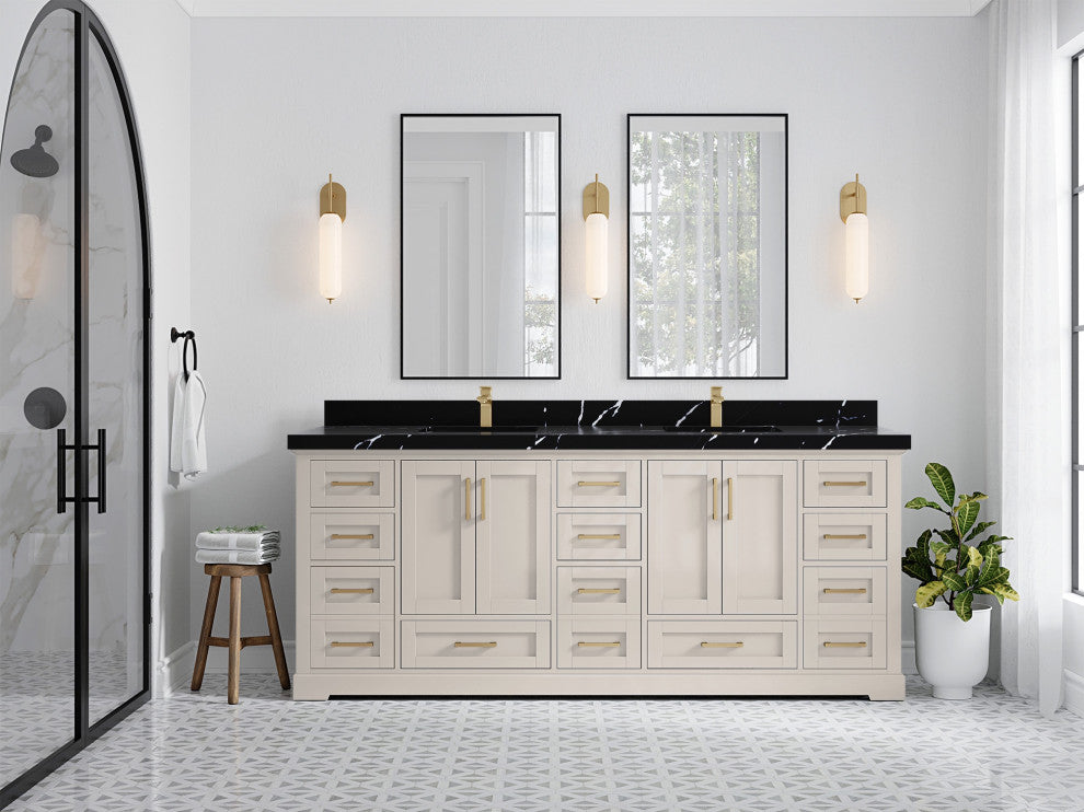Boston 84" Double Sink Bath Vanity in Fine Grain 2" Calacatta Black