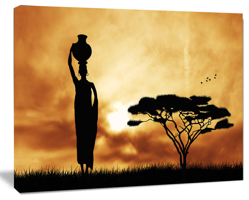 African Woman and Lonely Tree, African Landscape Canvas Art Print, 40"x30"