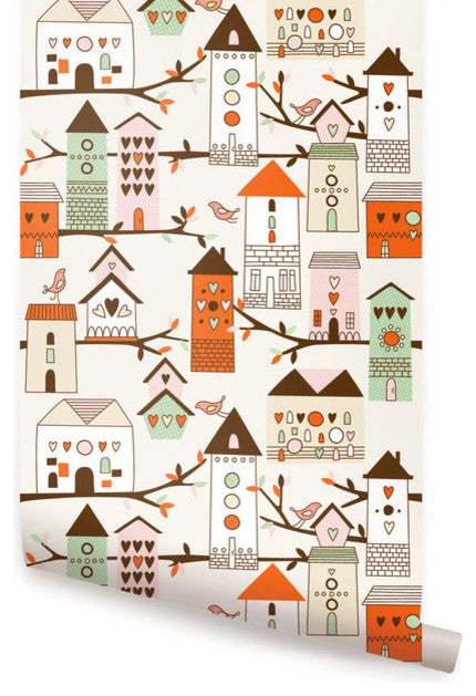Birdhouse Peel and Stick Vinyl Wallpaper , Orange, 24"w X 60"h