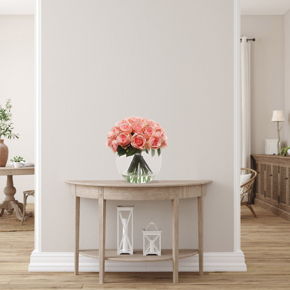36 Pink Artificial Roses in Glass Vase - Elegant Home Decor