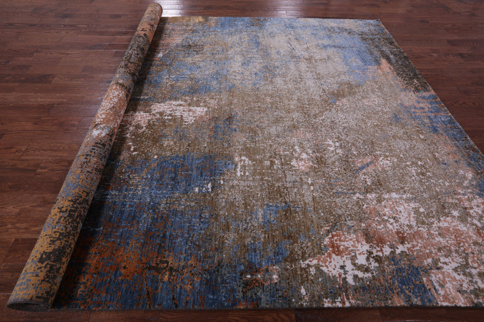 9' 2" X 12' 3" Hand Knotted Abstract Wool and Silk Rug Q8864