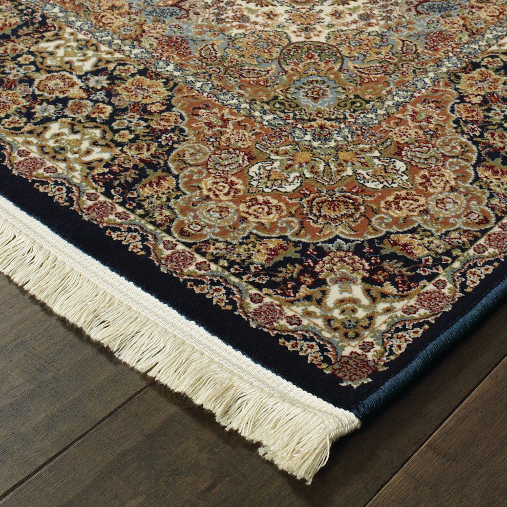 Mackenzie Intricate Medallion Dark Blue/ Multi Fringed Area Rug, 9''10"X12''10"