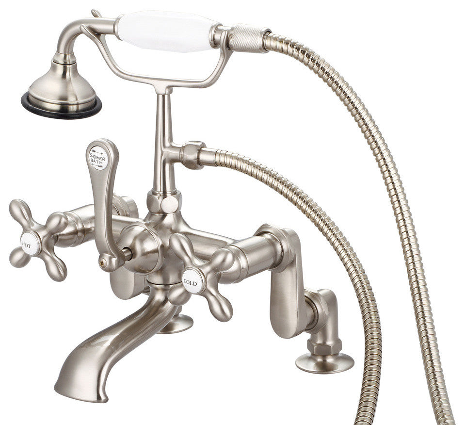 Vintage Adjustable Center Deck Mount Tub Faucet w/Handheld Shower, Cross handles