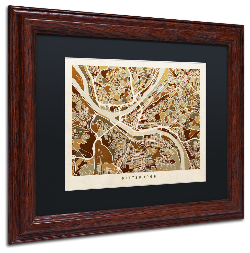 "Pittsburgh Street Map" Matted Framed Canvas Art by Michael Tompsett
