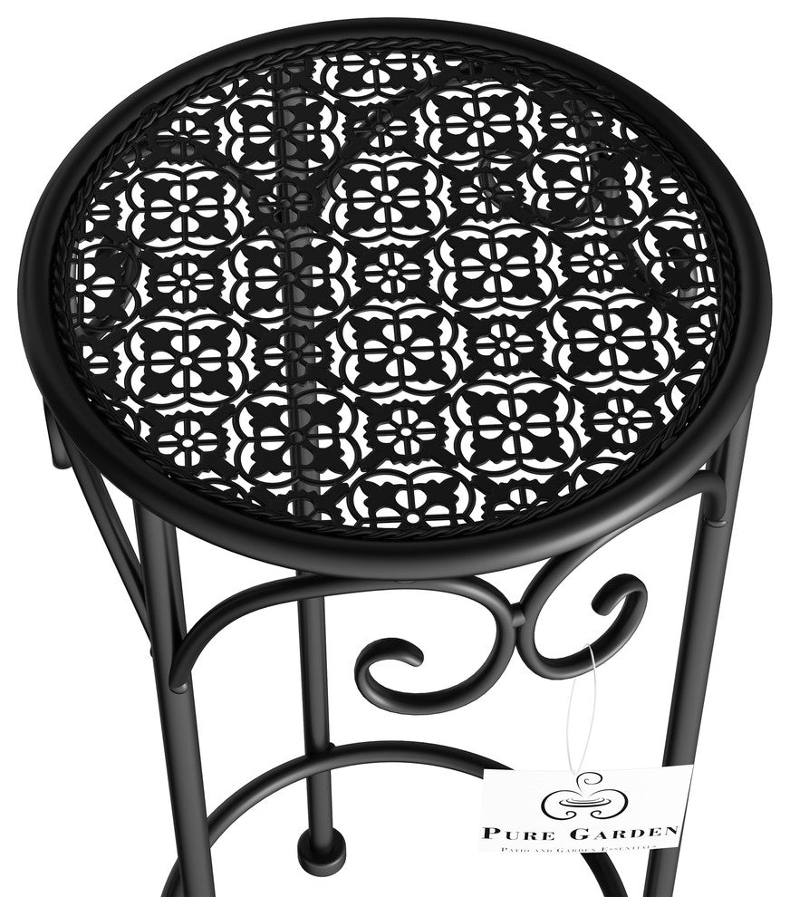 Pure Garden Set of 3 Nesting Metal Round Plant Stands, Black