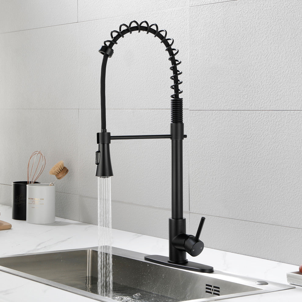Wellfor Stainless Steel Pull Down Kitchen Faucet With Deck Plate, Matte Black