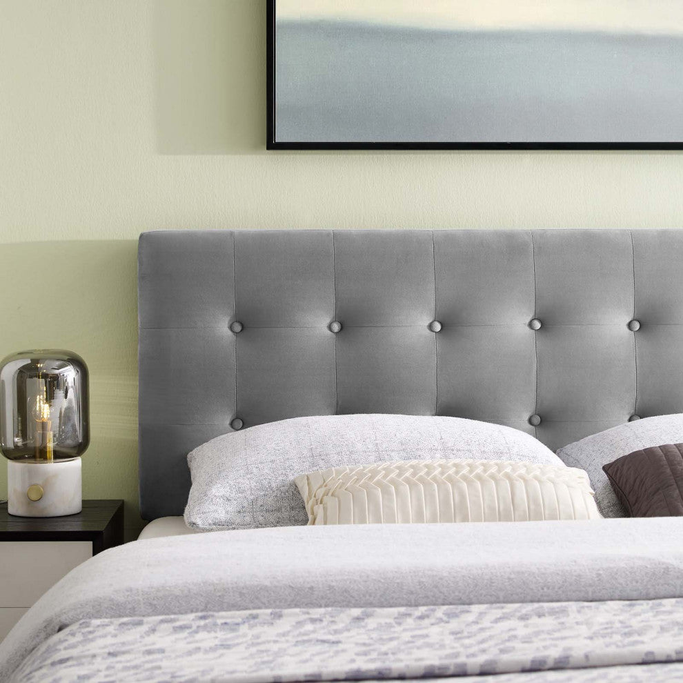 Contemporary Modern King Size Tufted Headboard, Velvet Fabric, Grey Gray