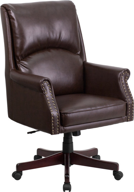 High Back Pillow Back Brown LeatherSoft Executive Swivel Office Chair with Arms