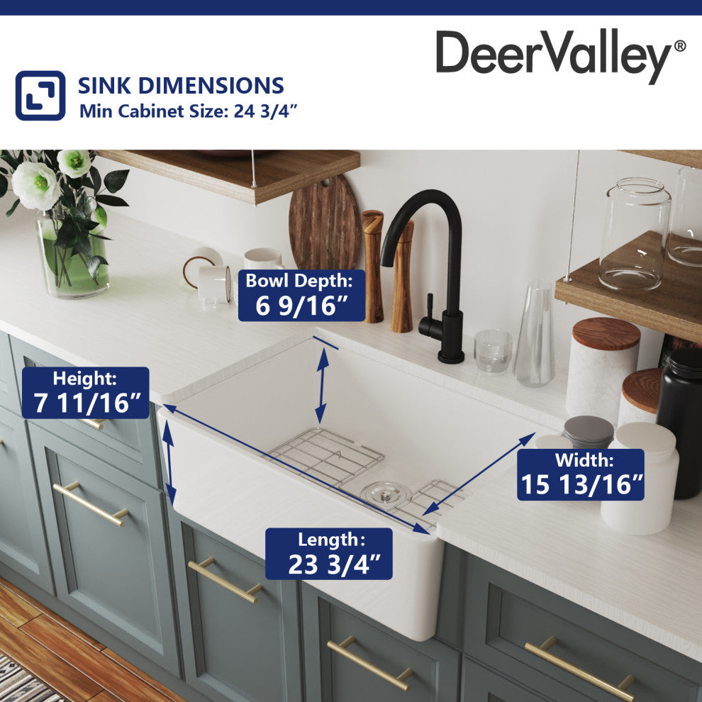 White 24 Inch Small Farmhouse Ceramic Sink with Bottom Grid and Strainer