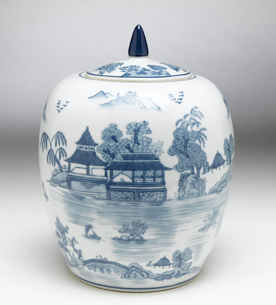Blue and White Round Jar With Lid