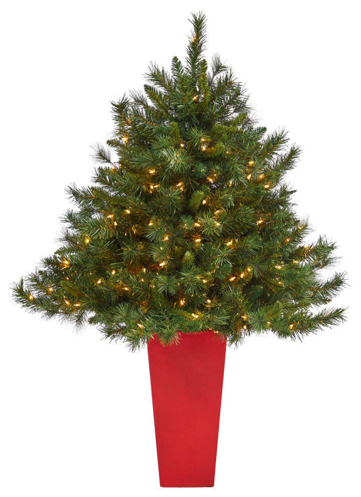 4.5' Wyoming Mixed Pine Faux Xmas Tree W/Lights & Bendable Branches, Planter