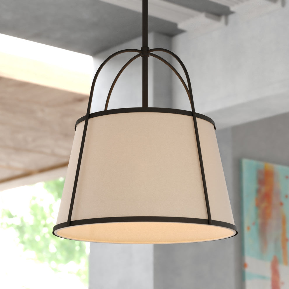 Marion 1-Light Matte Black Mid-Century Modern Cone Pendant, White Fabric Shade, Matte Black