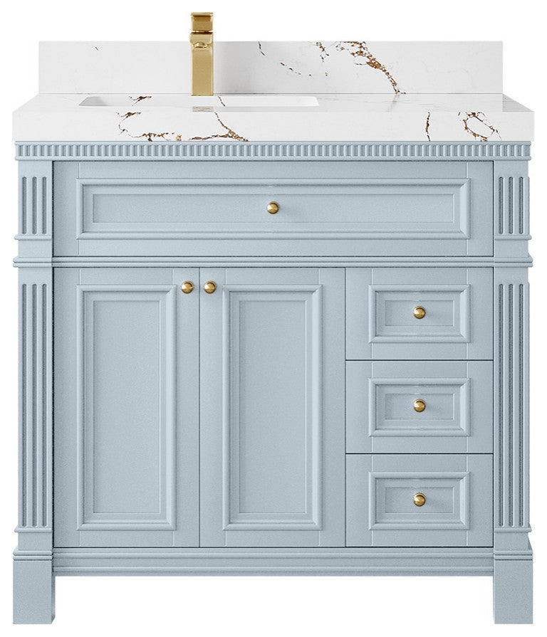 Paris 36" Left Offset Bathroom Vanity, Blue Heather 2" Viola Brown