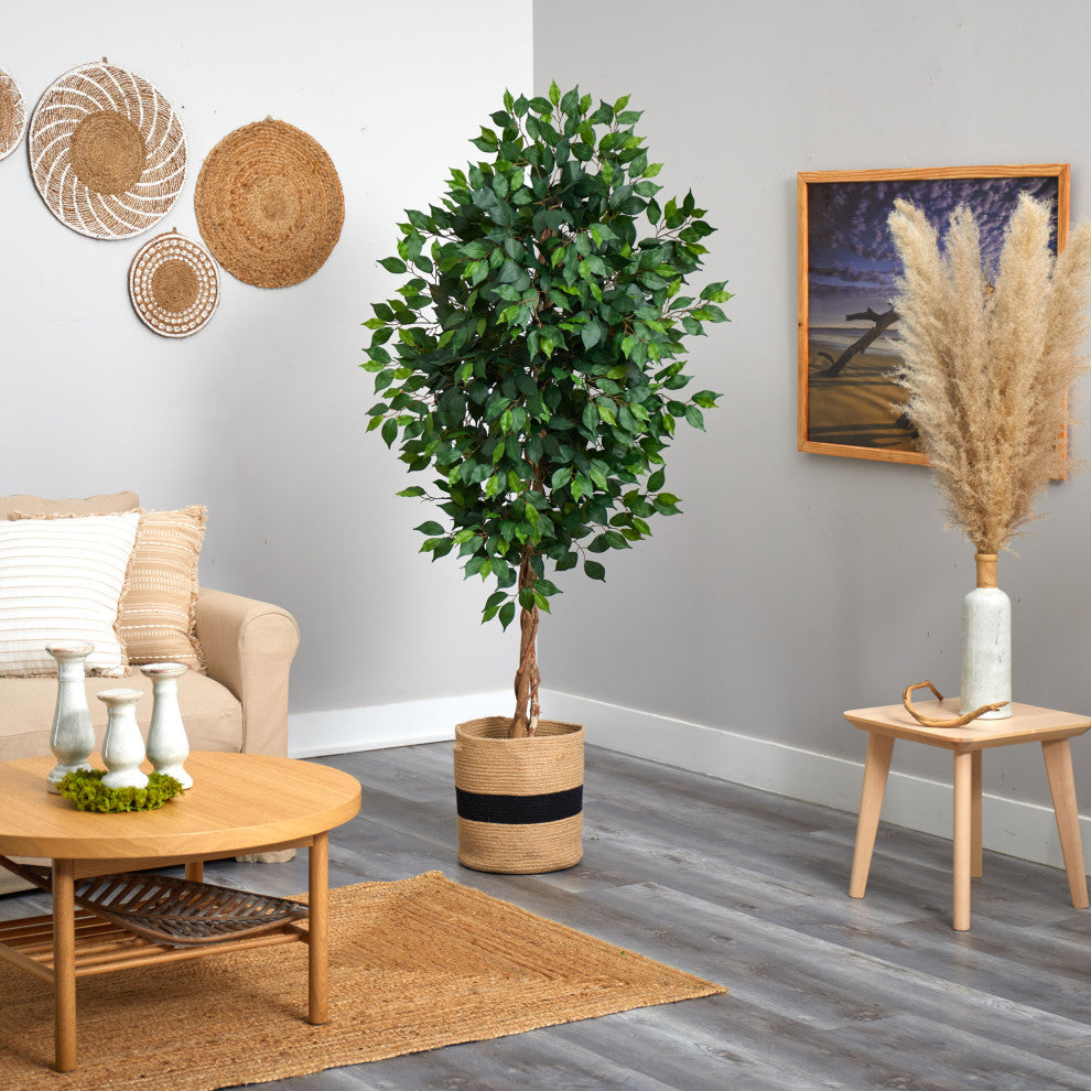 6' Ficus Artificial Tree With Natural Trunk, Handmade Natural Cotton Planter