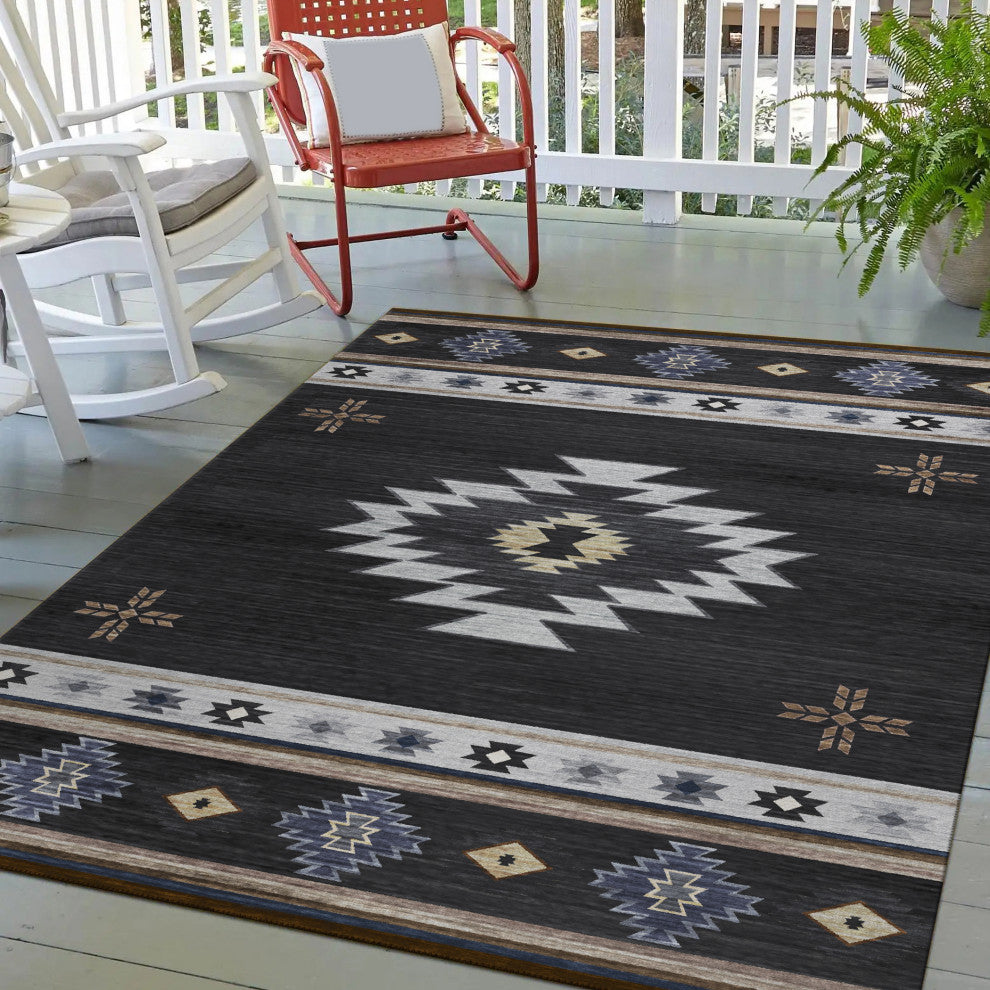 Indoor/Outdoor Phoenix PH4 Black Machine Washable 9' x 12' Rug
