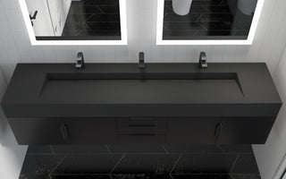 CastelloUSA Nile 84" Wall Mounted Bathroom Vanity Set, Black, Black Top, Black Handles