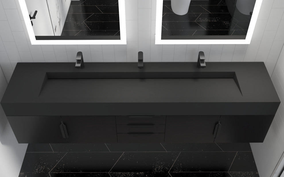 CastelloUSA Nile 84" Wall Mounted Bathroom Vanity Set, Black, Black Top, Black Handles