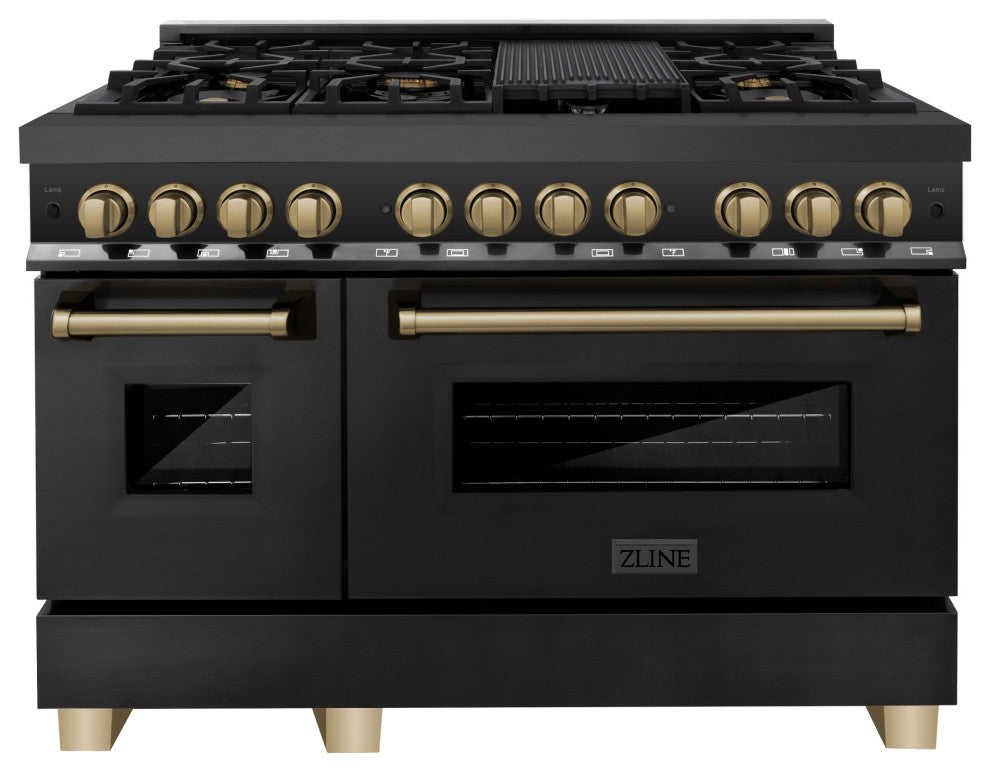 ZLINE 48" Dual Fuel Range, Black Stainless With Champagne Bronze RABZ-48-CB