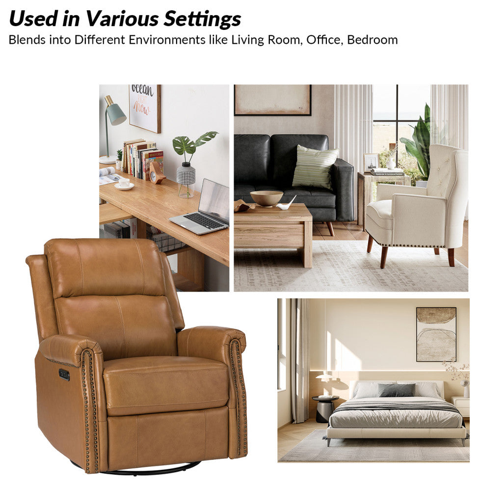 Kaietan Genuine Leather Power Rocking Recliner, Camel