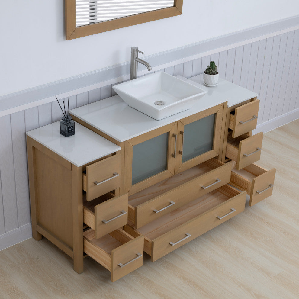 Vanity Art Vanity Set With Vessel Sink, Natural Oak, 60", Standard Mirror