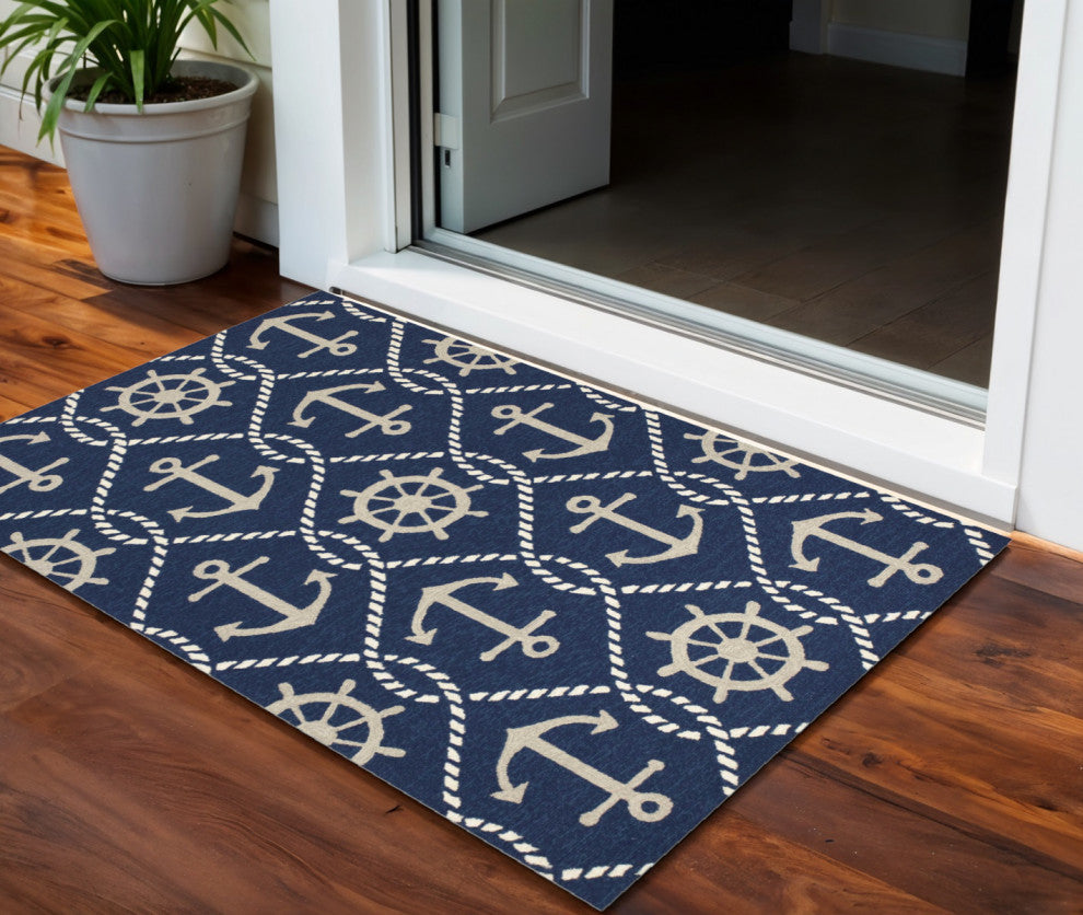 2' X 3' Navy Blue Nautical Handmade Indoor Outdoor Area Rug