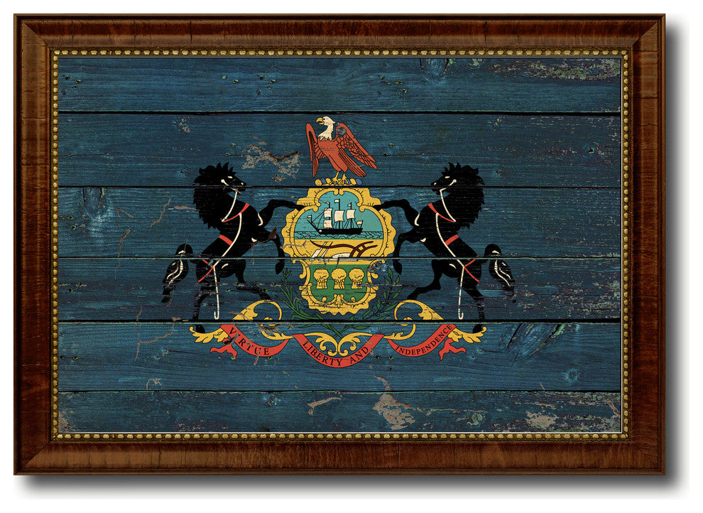Pennsylvania State Vintage Flag Print With Brown Gold Frame, 23"X33"