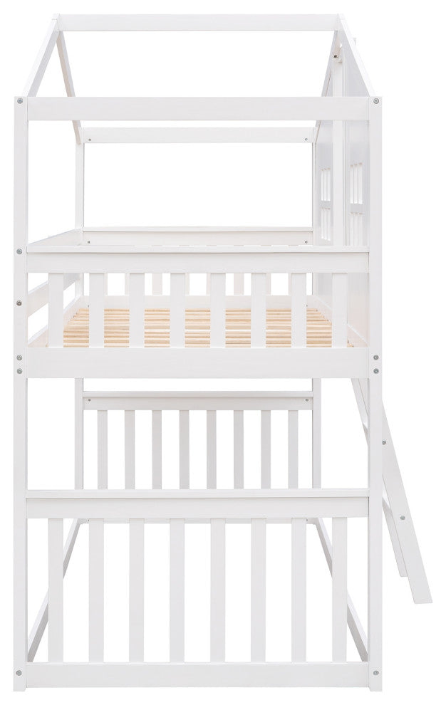 Gewnee Wood Twin Over Twin House Bunk Bed With Ladder in White