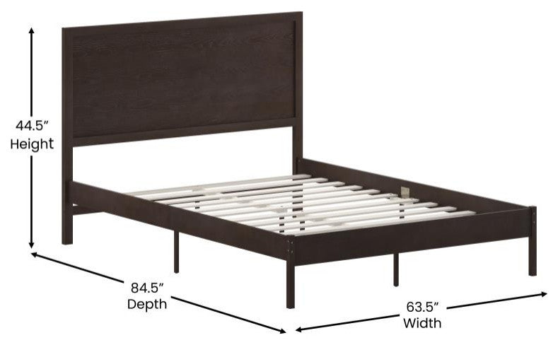 Asher Solid Wood Platform Bed with Wooden Slats and Headboard, Dark Brown, Queen