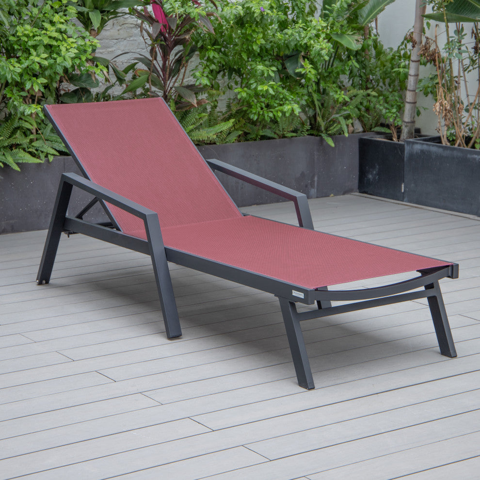 LeisureMod Marlin Chaise Lounge Chair With Arms and Fire Pit Table, Burgundy