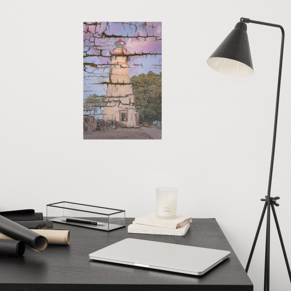 Faux Wood Texture Marblehead Lighthouse at Sunset Unframed Wall Art Prints, 12" X 18"